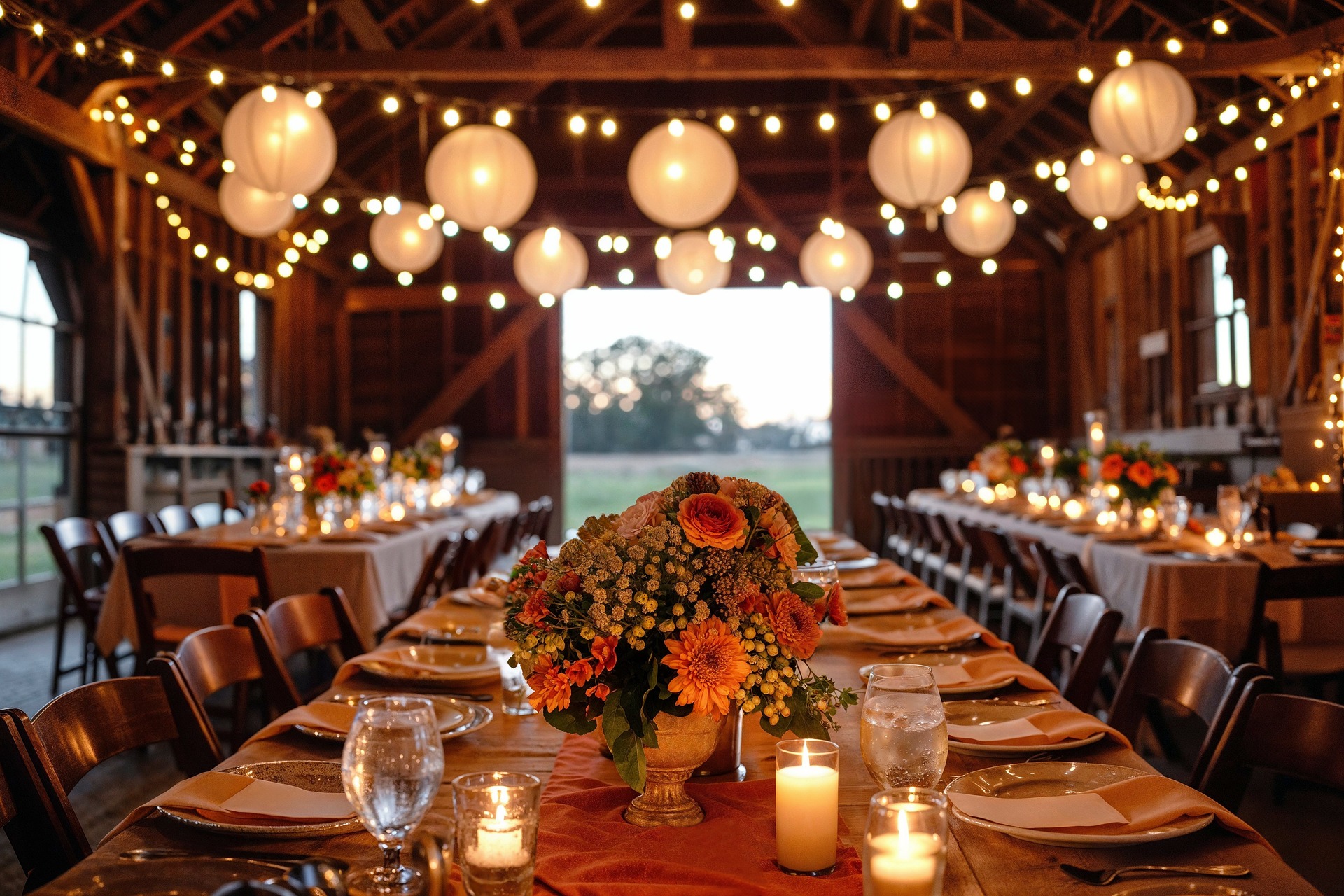 Elegant event space with candles and string lights